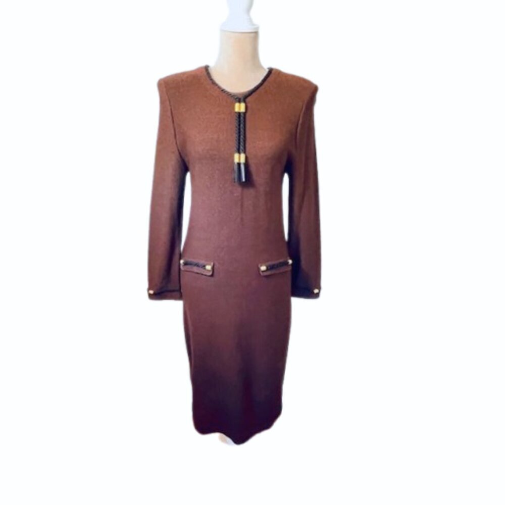 Steve Fabrikant Vintage 80's Wool Knit Dress Espresso & Black Gold Accents Small